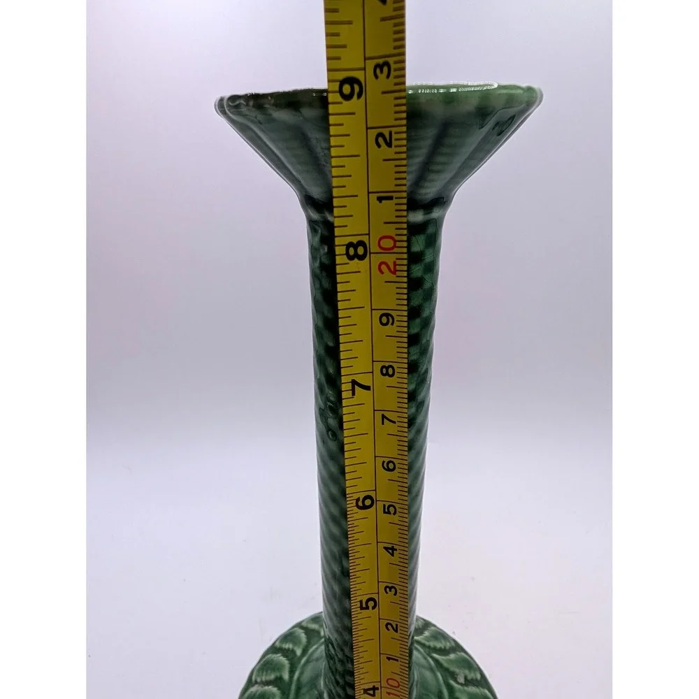 Vtg Pier 1 Imports Ceramic Candlestick Holder Green Check Leaf Plant Portugal 9